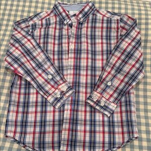 Boys Little English red, blue plaid long sleeve button down, EUC, size 7